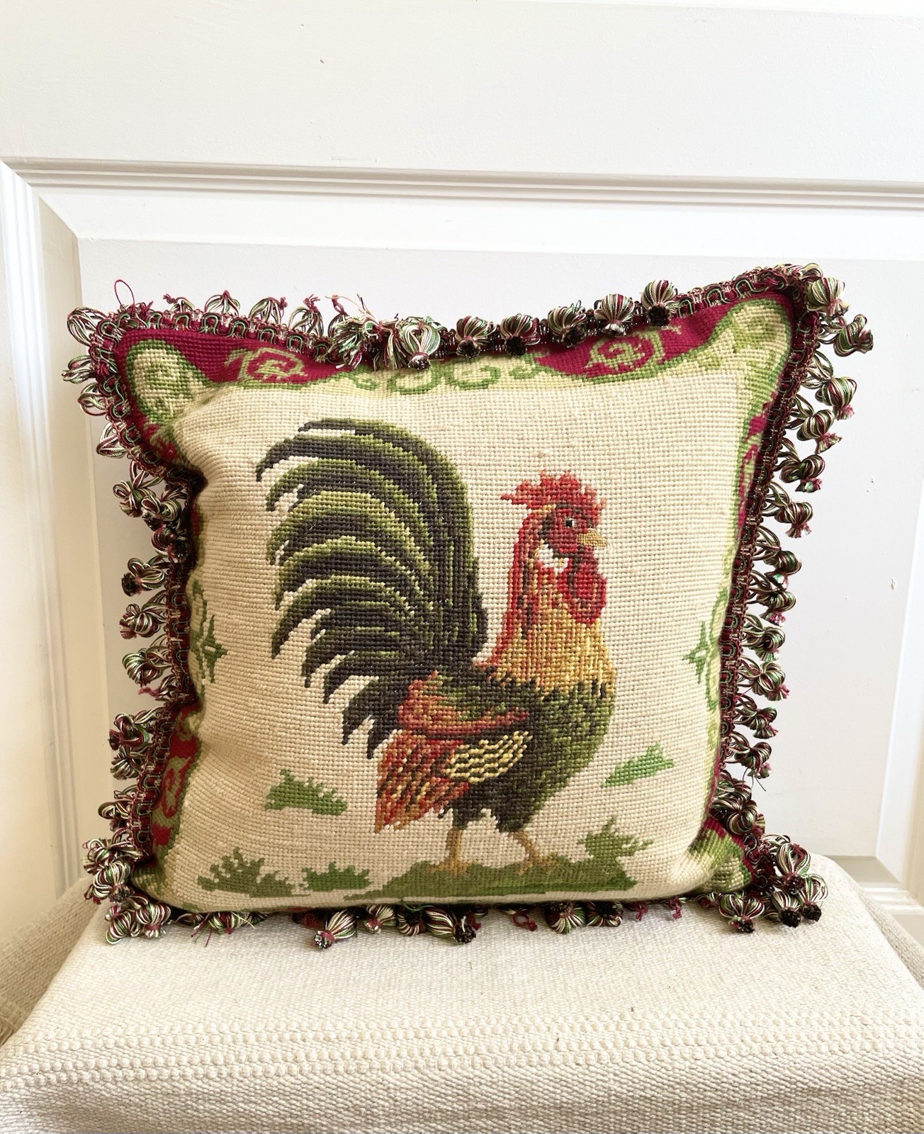 Vintage Needlepoint Rooster Velvet Back Pillow Insert Included Farmhouse gallery