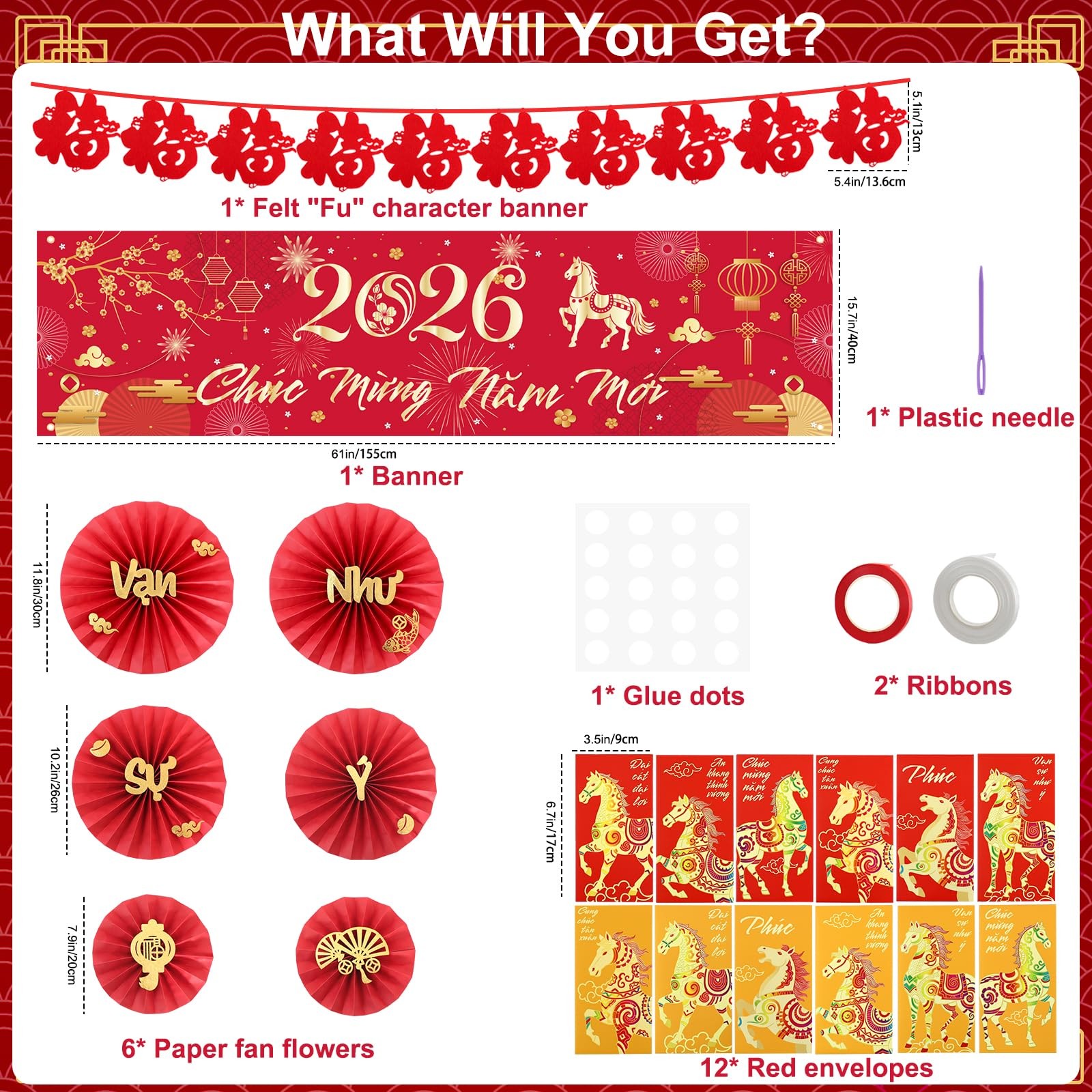 Tet Decorations 2026 Vietnamese New Year 61 inches x 15.7 inches, Multicolor gallery
