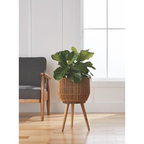 Better Homes & Gardens 13 Inch Round Brown Resin Rattan Planter Wood Legs Stand gallery