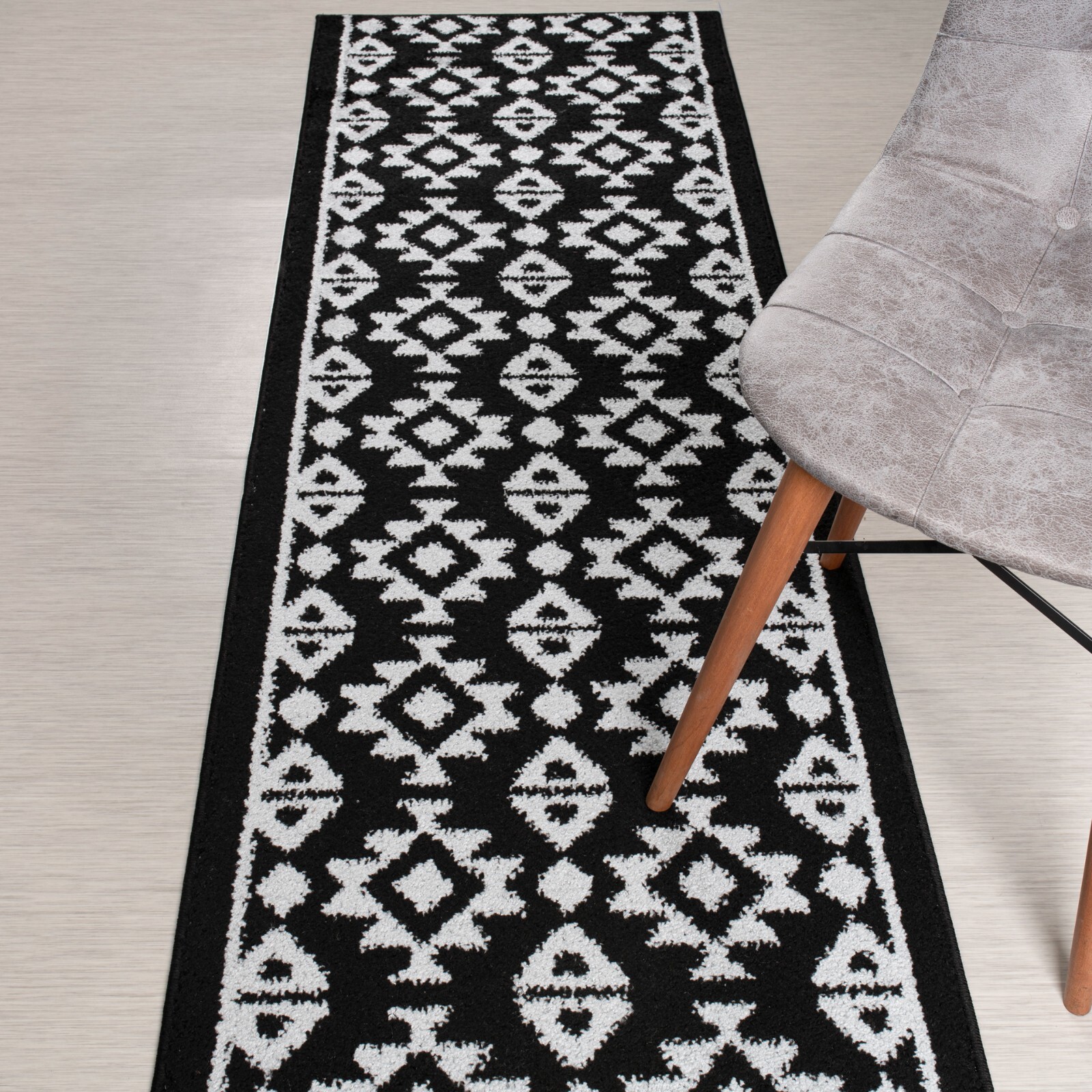 Custom Length Hallway Runner Rug Non Slip Backing, Southwestern, Black - Silver gallery