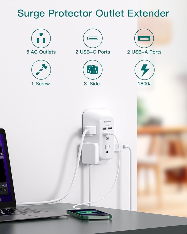 Multi Plug Outlet Surge Protector - POWSAF 5 Outlet Extender with 4 USB Ports(2 gallery
