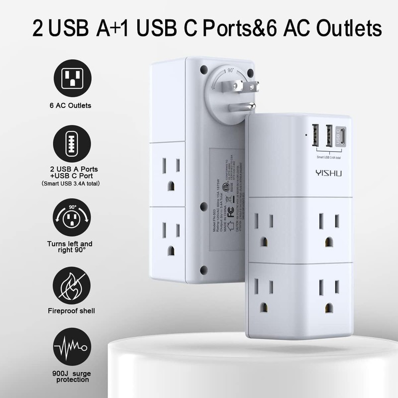 Wall Outlet Extender 9 in 1 Surge Protector USB A USB C Ports Rotating Plug gallery