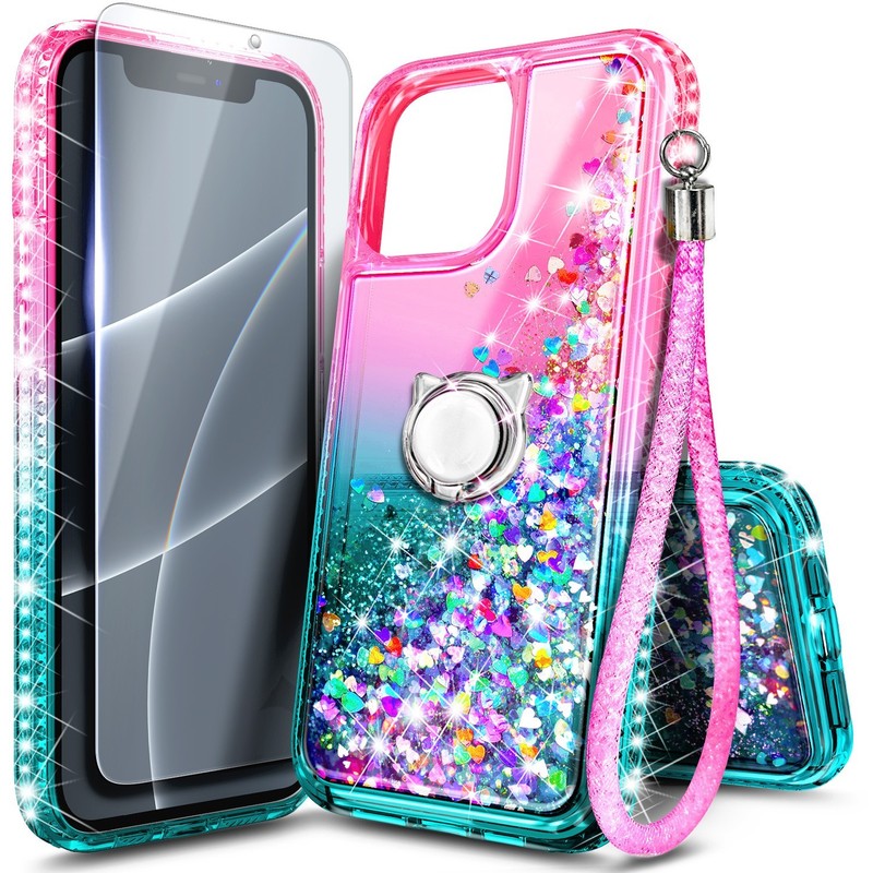 For iPhone 13 Pro Max Pro Mini Liquid Glitter Case With Tempered Glass & Lanyard gallery