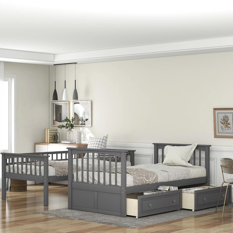 Classic Convertible Twin-Over-Twin Solid Wood Bunk Bed 2 Storage Drawers Ladder gallery