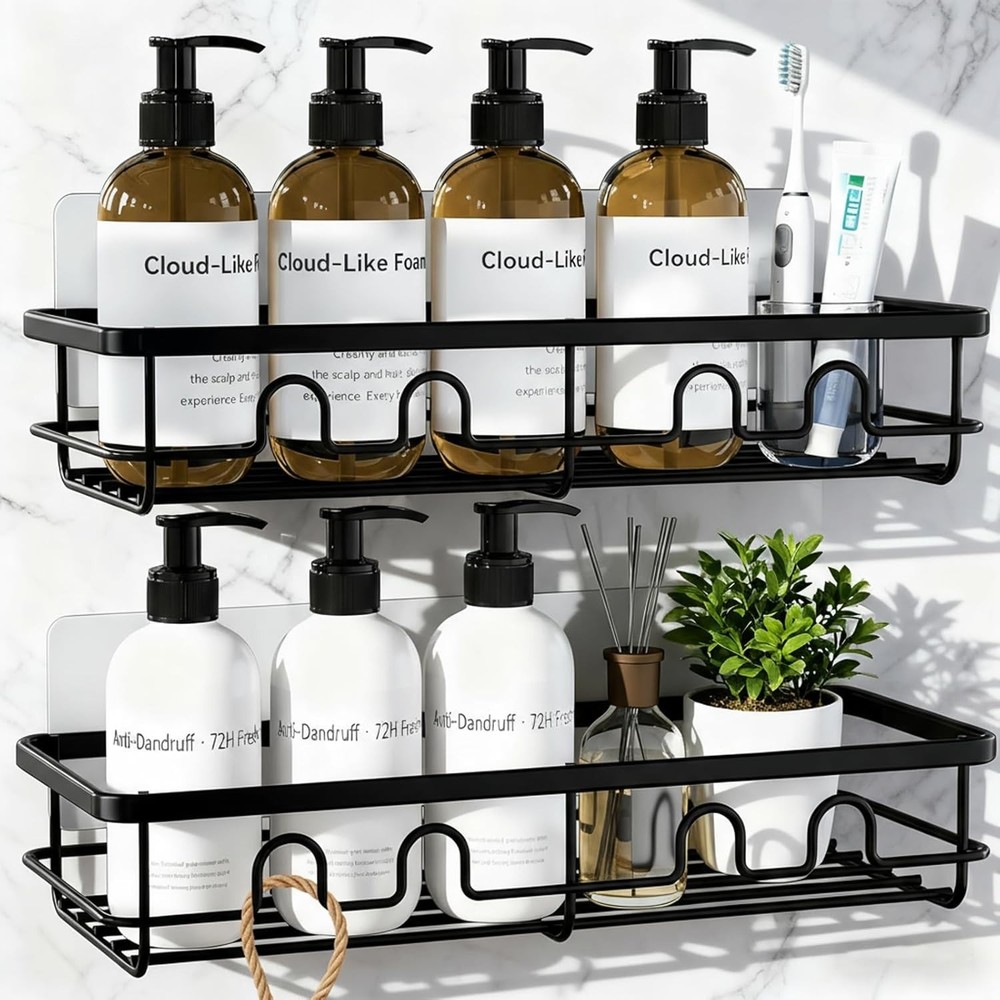 Adhesive Shower Caddy 2 Pack, No Drill Metal Bathroom Organizer Shelves Black