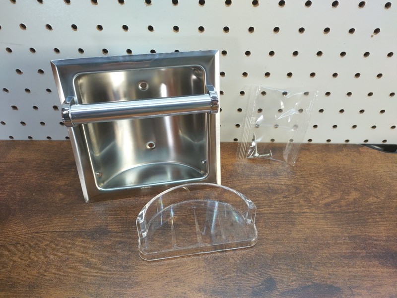 Recessed Soap Dish With Tray Insert & Grab Bar, Polished Stainless 6" x 6" x 2" gallery