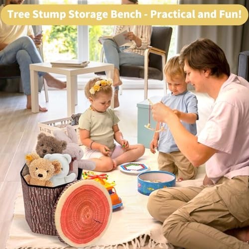 Multifunctional Round Storage Ottoman Cube, Tree Stump Stool, Foldable Toy Box, gallery