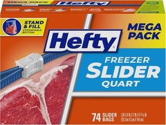 Hefty Slider Freezer Kitchen Storage Bags, Quart Size, 74 Count