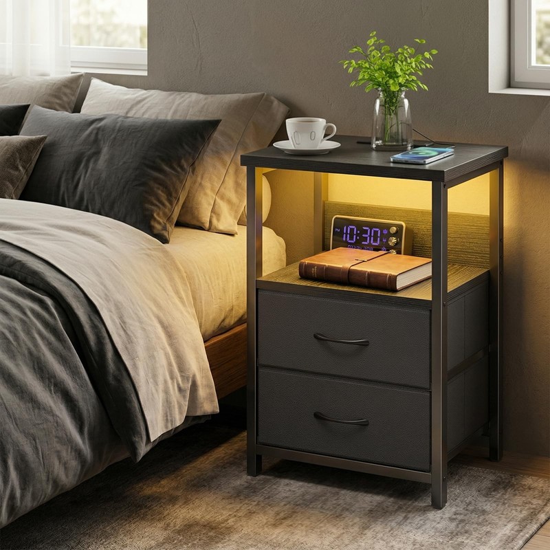 Modern Night Stand with Charging Station, LED Lights, USB Ports & 2 Drawers - Bl gallery