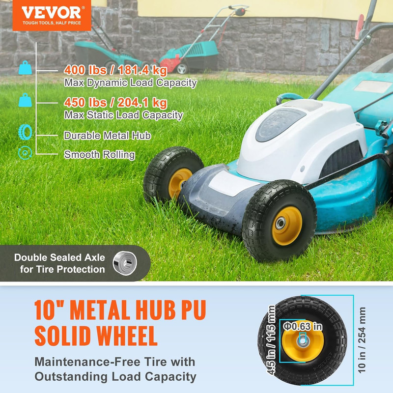 (2-Pack) 10-Inch Solid Rubber Tires and Wheels, 4.10/3.50-4" Flat Free Tubeless gallery