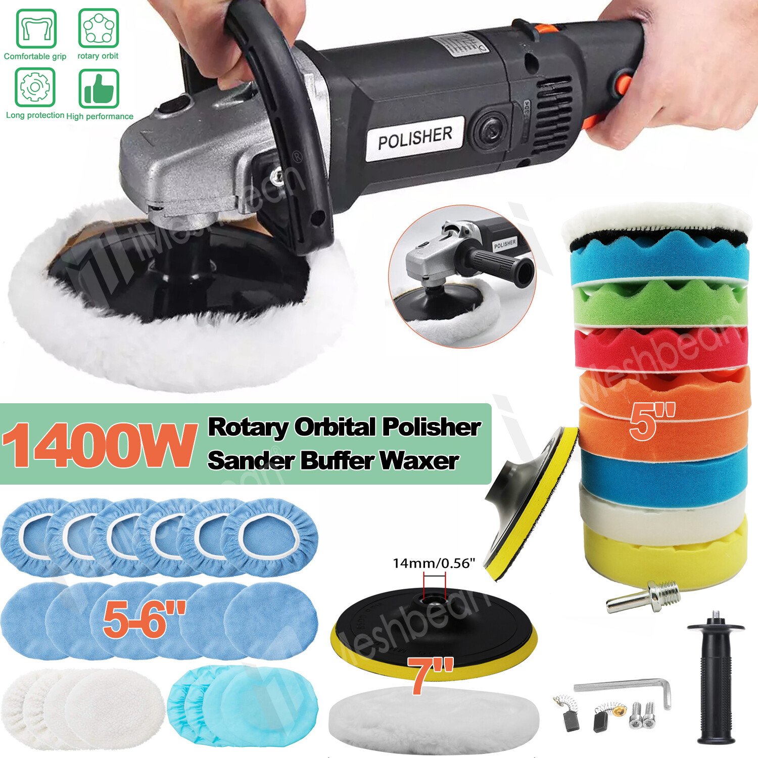 1400W Car Polisher Polishing Machine Kit Buffer Sander Variable Speed 5&6&7" Pad gallery