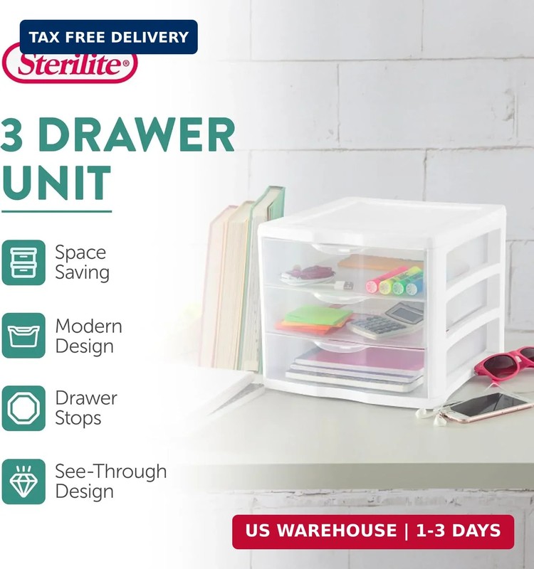Sterilite 4-Pack 3 Drawer Unit, Stackable Plastic Organizer with Drawers, White gallery