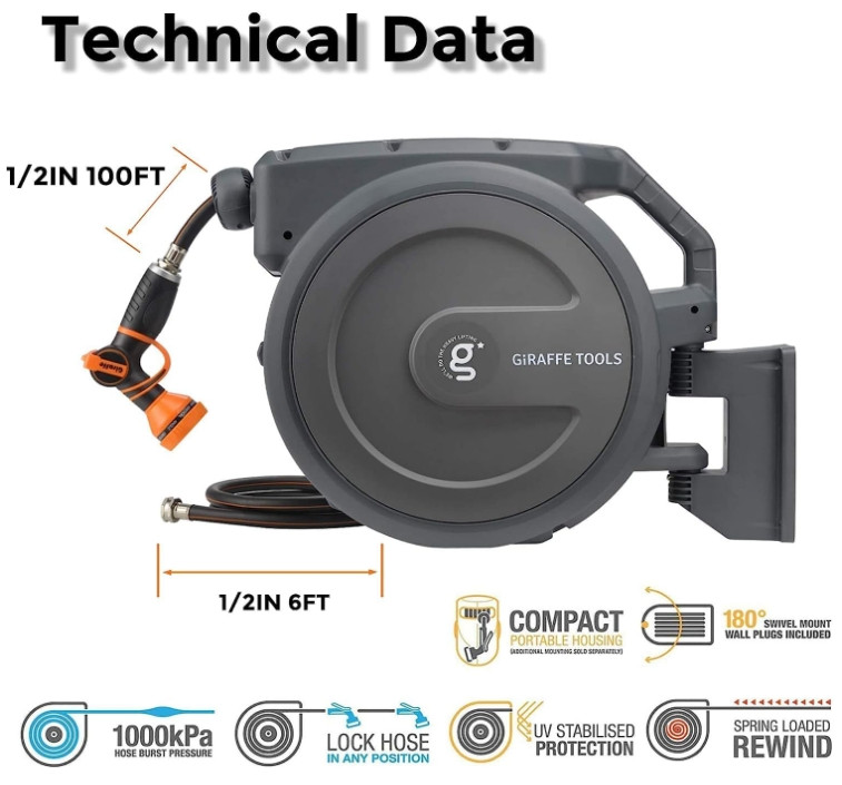 Giraffe Tools Retractable Water Hose Reel Wall Mounted Hose Reel 1/2-IN 100-FT gallery