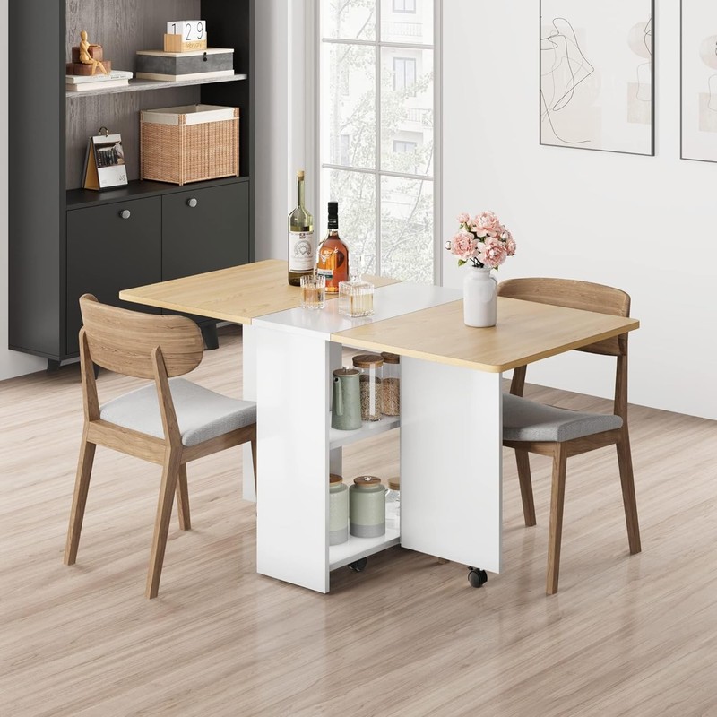 Folding Dining Table with 6 Wheels Storage Racks for Small Kitchen Saving Space gallery