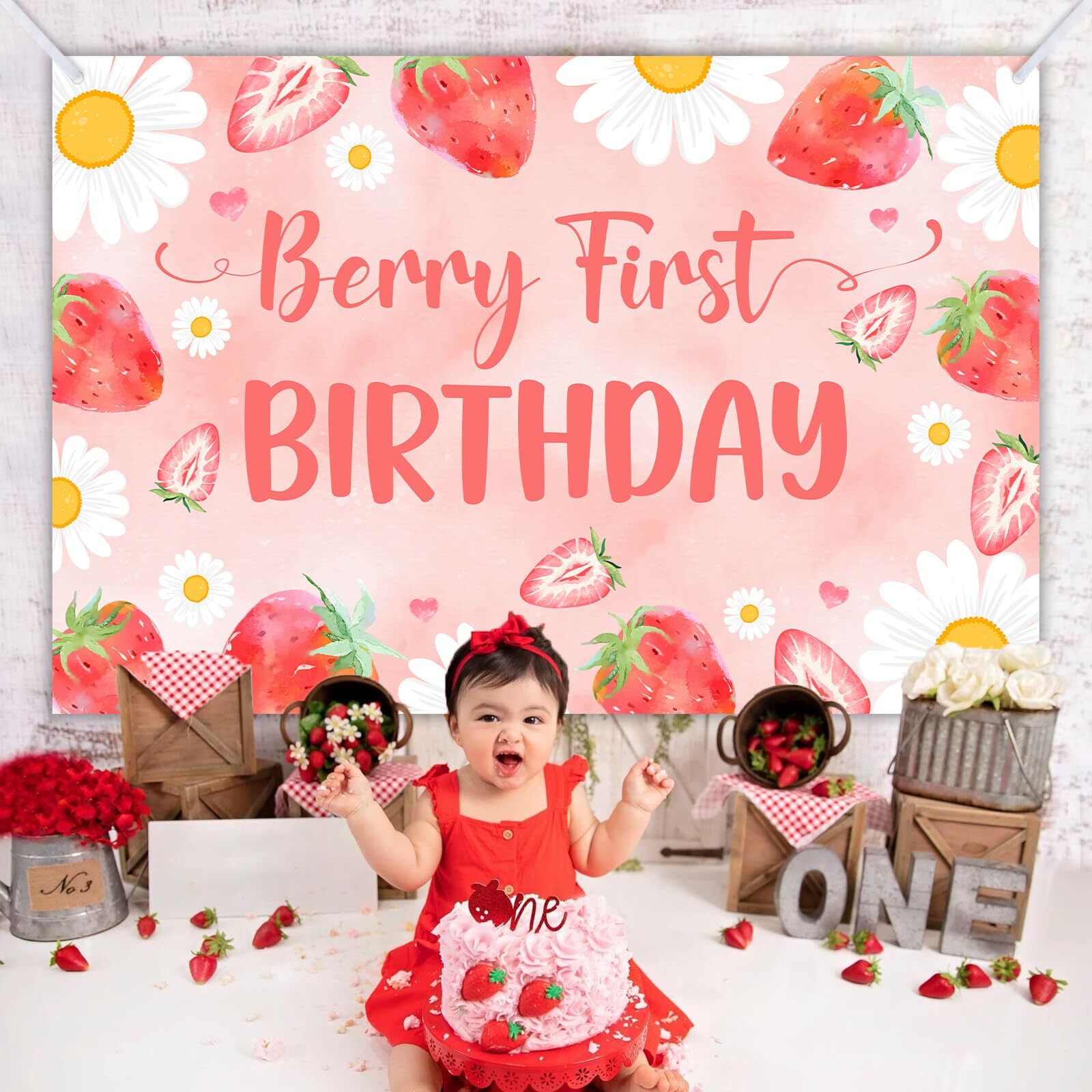 Strawberry Daisy Birthday Backdrop Berry First Birthday Party Decorations Prop gallery