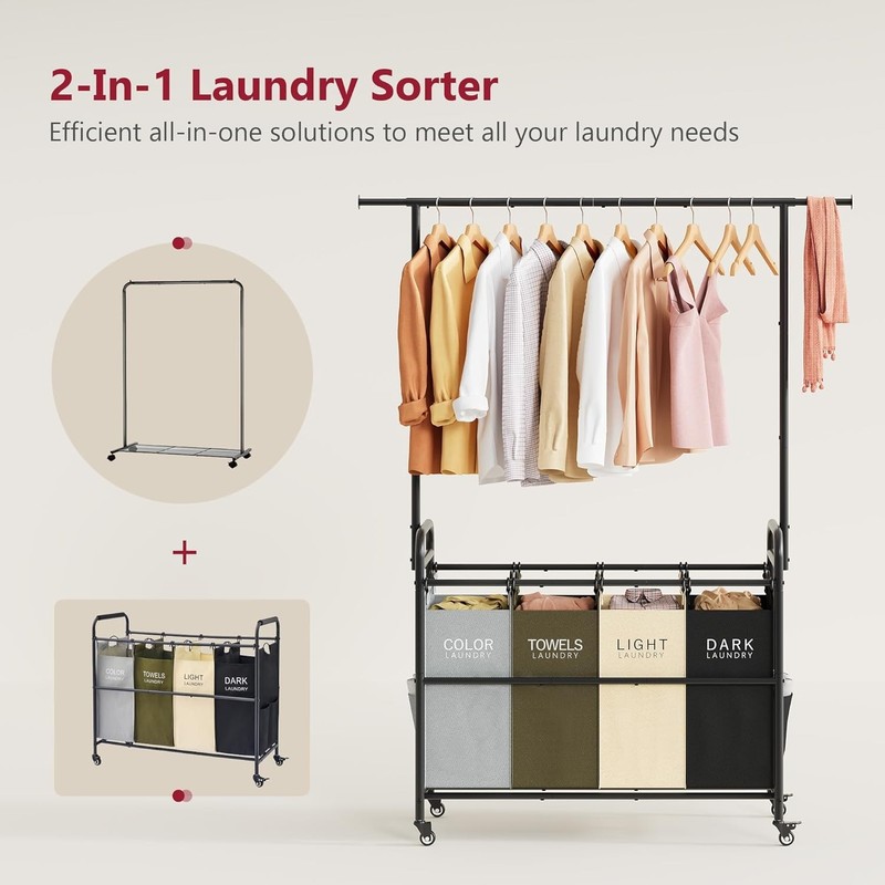 Laundry Sorter Cart with Hanging Clothes Rack 4 Basket Organizer Heavy Duty W... gallery