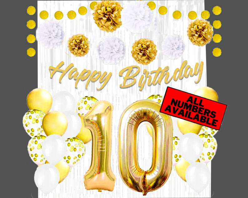 Gold & White 10th Birthday Decorations - 40" Number Balloons & More- Boy or Girl gallery