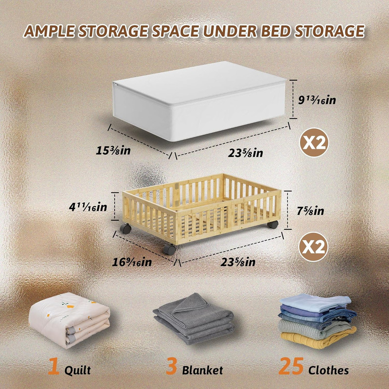 Bamboo under Bed Storage Containers with Wheels, 2 Pack under the Bed Shoe Stora gallery