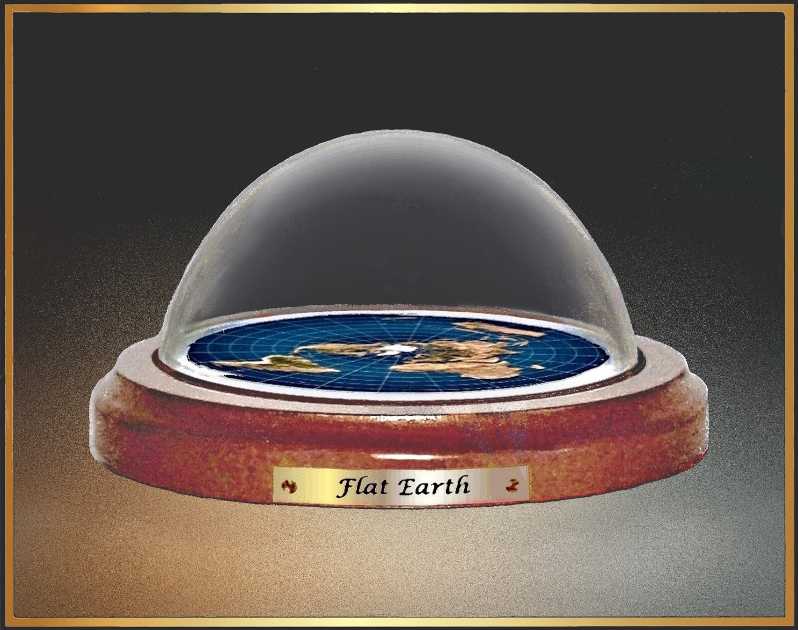 Flat Earth Map Dome Display Model - wood base, acrylic dome, gift gallery