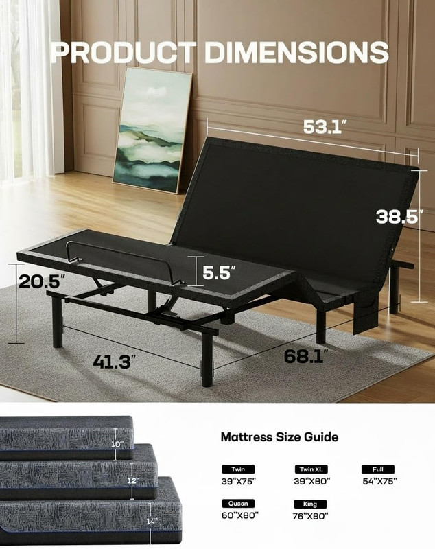 Queen Adjustable Bed Frame with Head & Foot Incline, Wireless Remote, 4 USB Port gallery