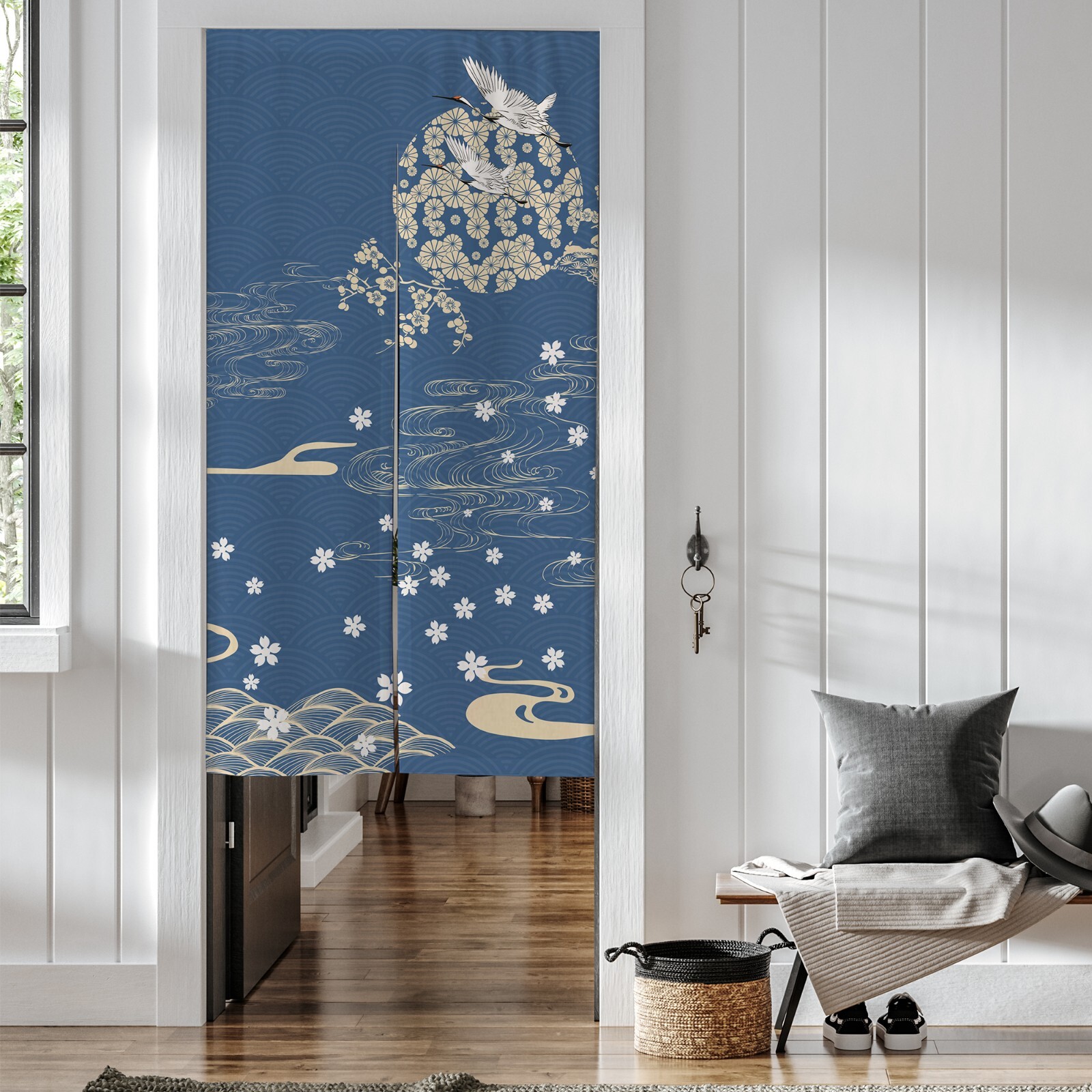 Japanese White Crane Sakura Wave Clouds Noren Blue Door Curtain Doorway Divider gallery