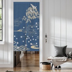 Japanese White Crane Sakura Wave Clouds Noren Blue Door Curtain Doorway Divider