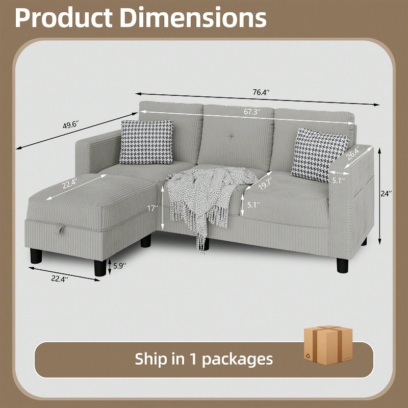 Convertible Sectional Sofa with Storage Ottoman 77” L-Shaped 3-Seat Couch gallery