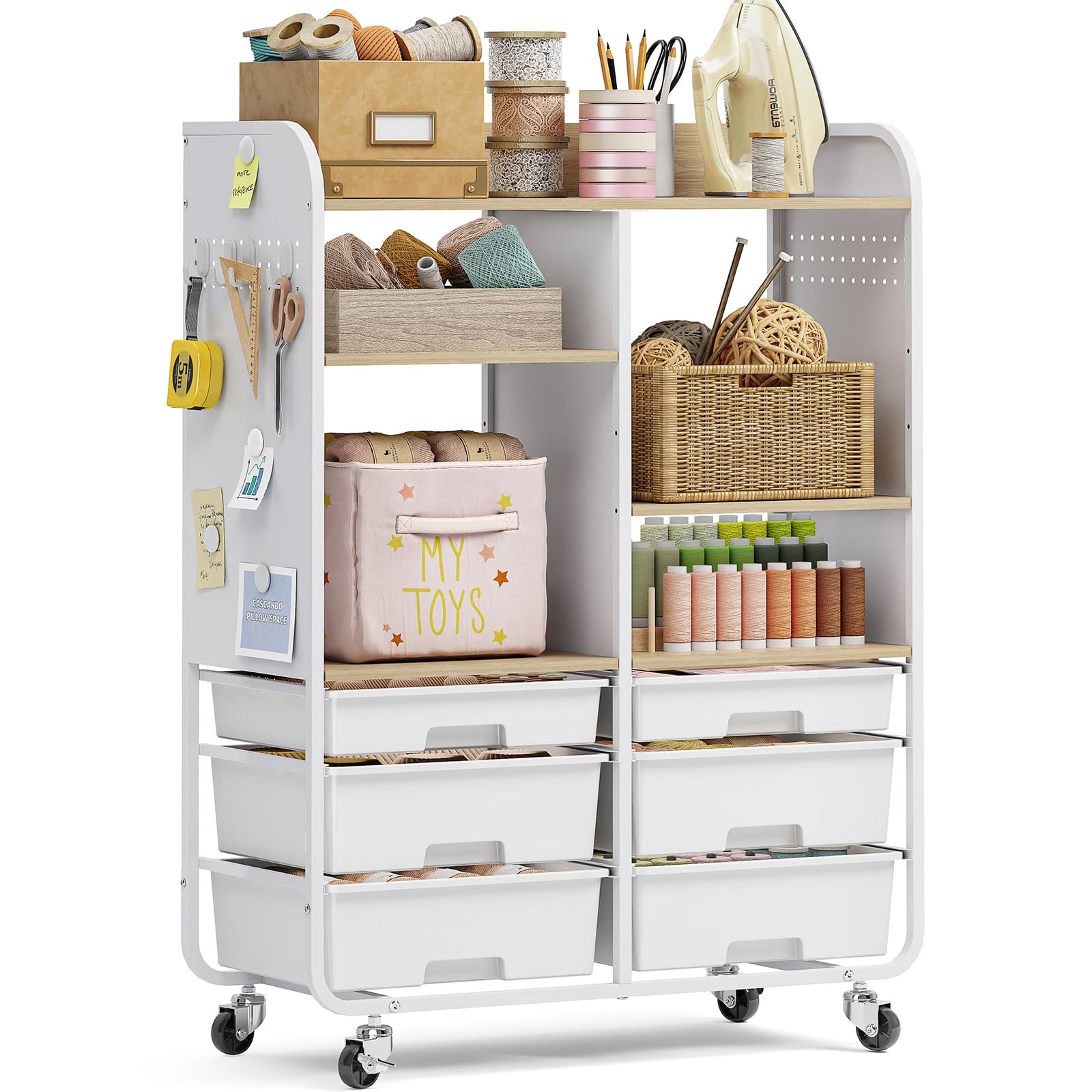 6-Drawer Rolling Storage Cabinet with Wooden Top & Pegboards，Utility Craft Ca... gallery