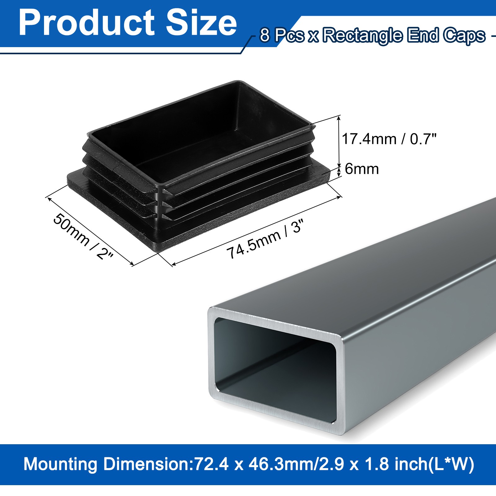 8Pcs Rectangle Tubing End Caps 3 x 2 Inch Plastic Plugs Black gallery