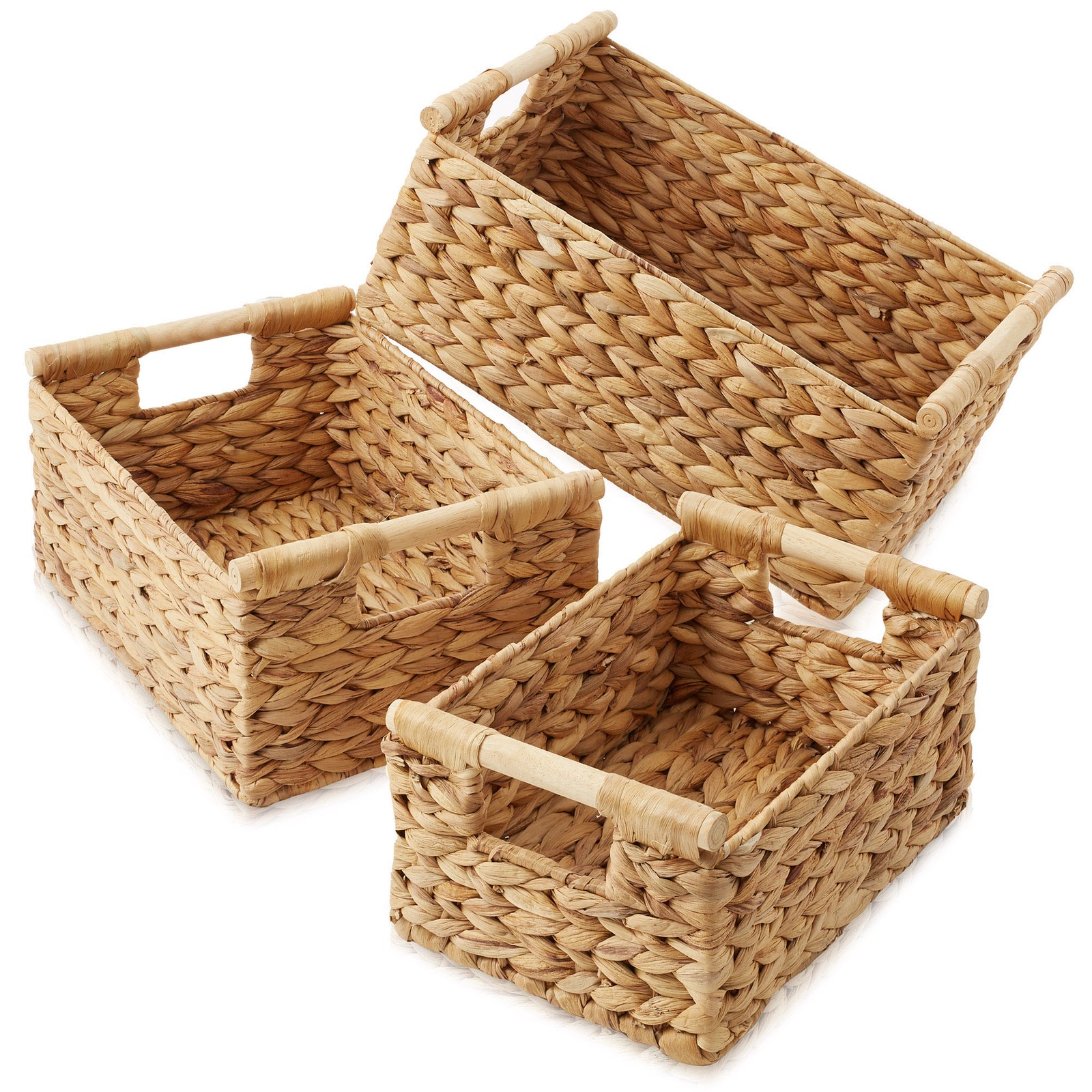 3-Piece Hyacinth Rectangular Storage Basket Set w/ Wood Handles, Natural Wicker gallery