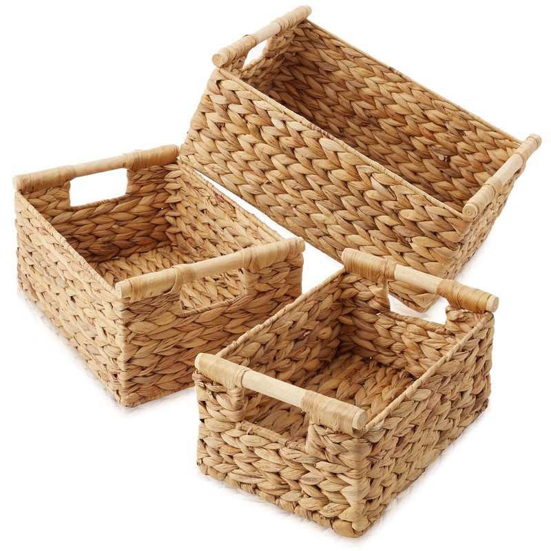 3-Piece Hyacinth Rectangular Storage Basket Set w/ Wood Handles, Natural Wicker gallery