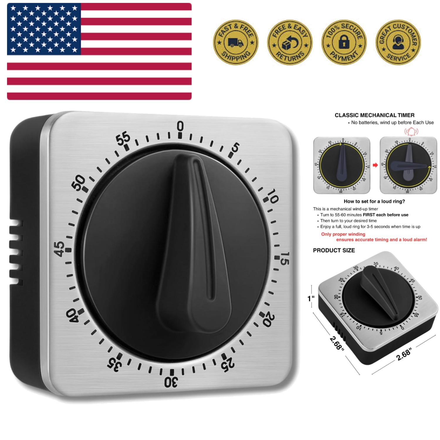 Mechanical Kitchen Timer Magnetic with Loud Alarm, 60-Minute Manual Wind Up A... gallery