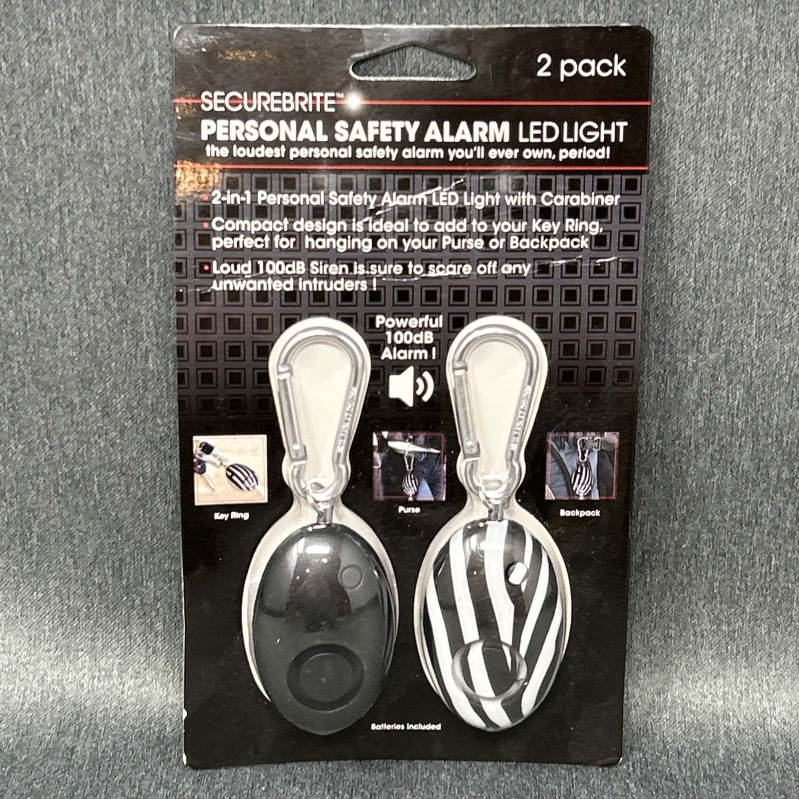 2 pack Securebrite Personal Safety Alarm LED Light Carabiner Black White 100DB gallery