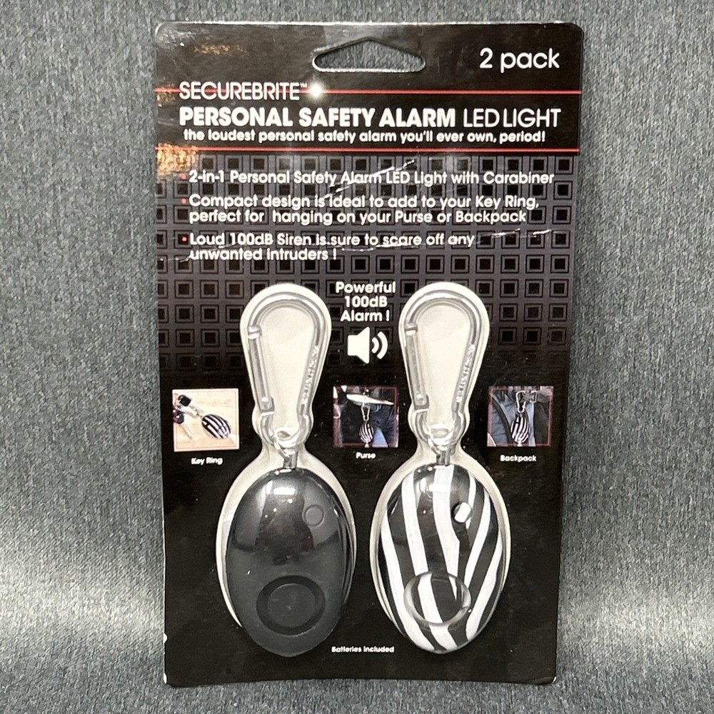 2 pack Securebrite Personal Safety Alarm LED Light Carabiner Black White 100DB