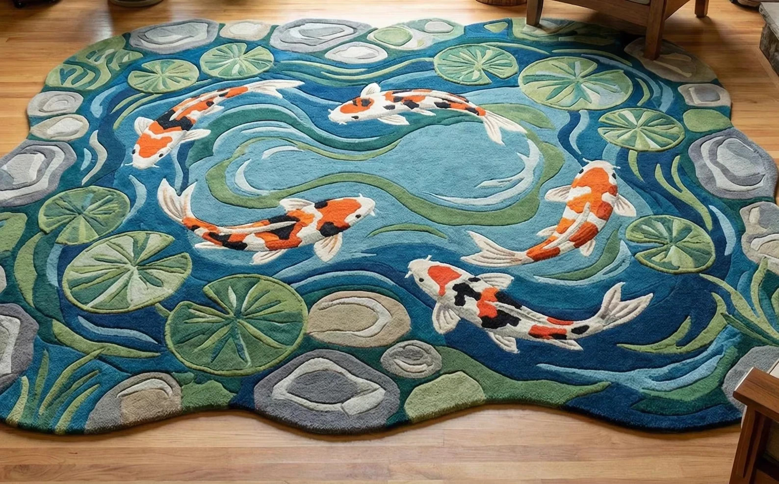 Hand Tufted Koi Fish Pond Rug – Round Artistic Area Rug – Japanese Style Water gallery