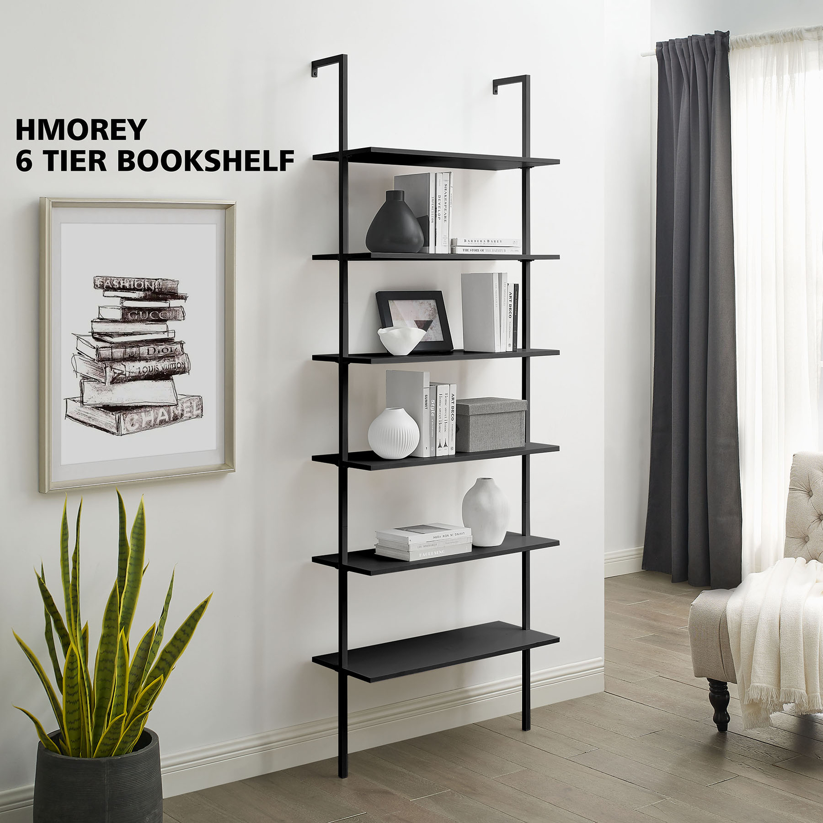 6 Tiers Metal MDF Wall Mount Ladder Bookshelf Bookcase Black gallery