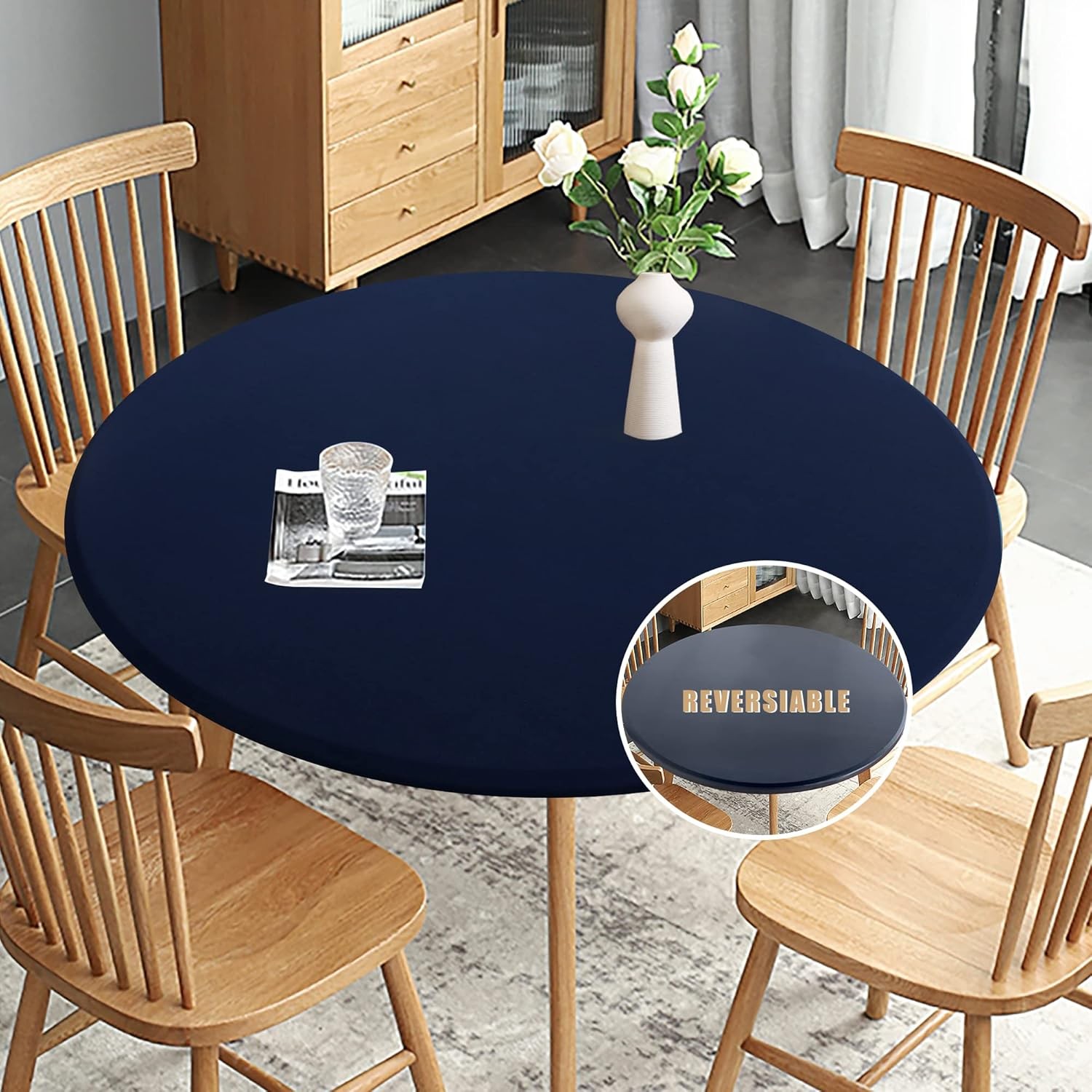Fitted Round Table Cloth, Reversible Waterproof Stain Resistant Elastic Stretch gallery