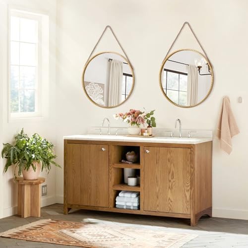 Circle Hanging Mirror Metal Framed Modern Wall 18"L x 18"W Bead & Gold gallery