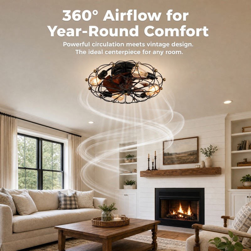 20'' Modern Caged Black Ceiling Fan with LED Light Flush Mount Remote Control gallery
