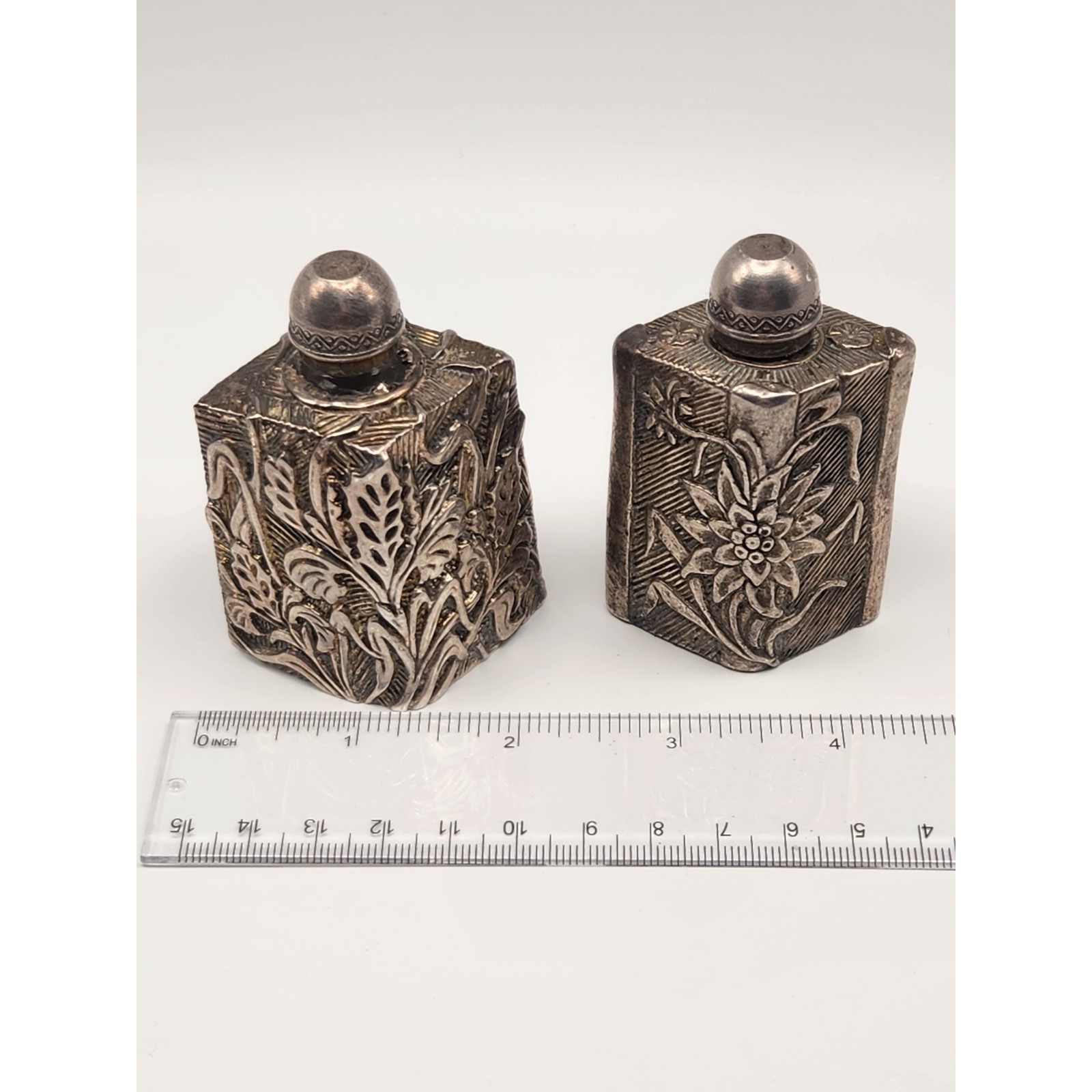 Vintage Silver Tone Repousse Floral Metal Perfume Bottles Set of 2 Botanical gallery