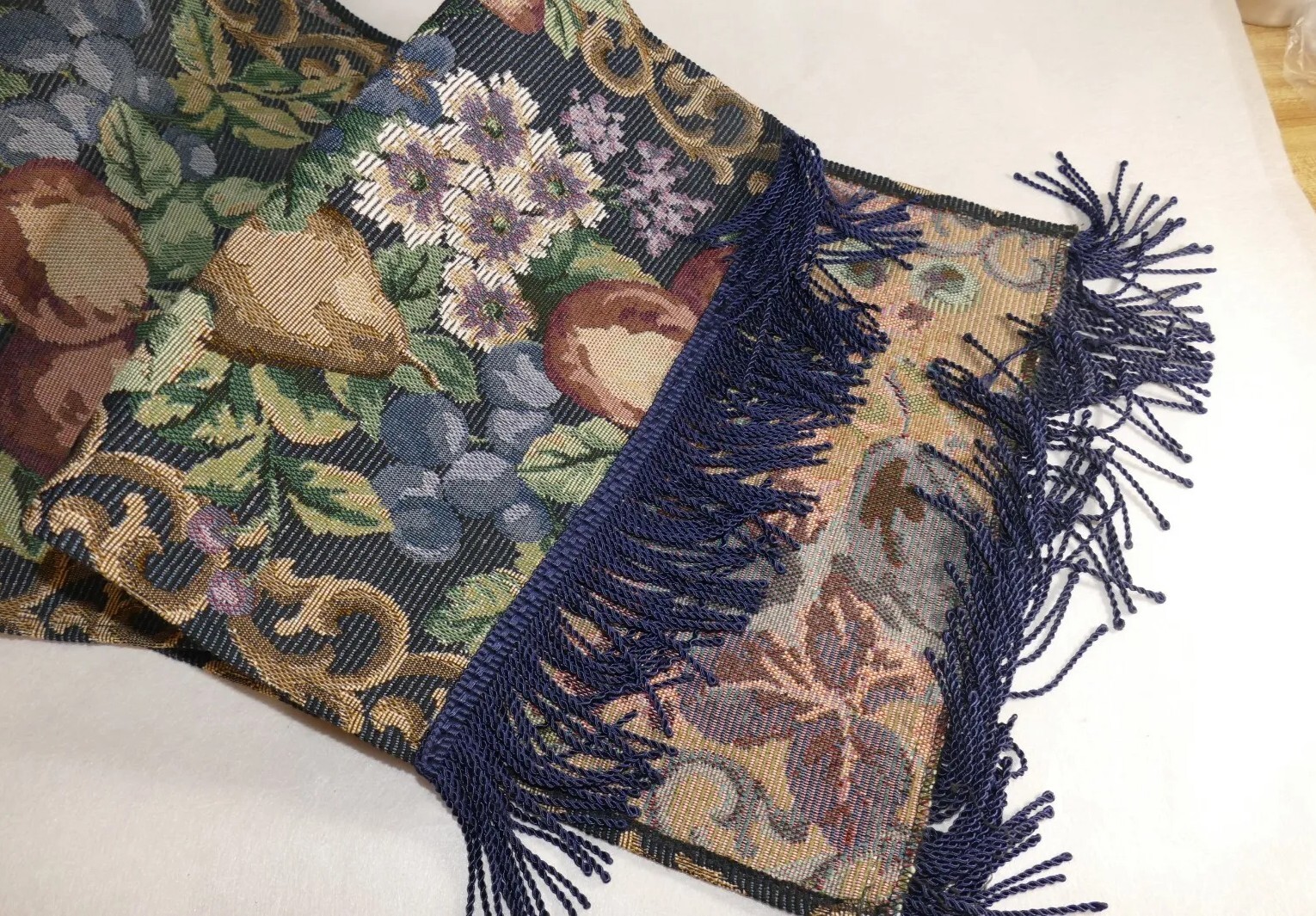 Table Runner Blue Fruit And Floral 12 x 76 In Long 3 In Fringes Pears Cherries gallery