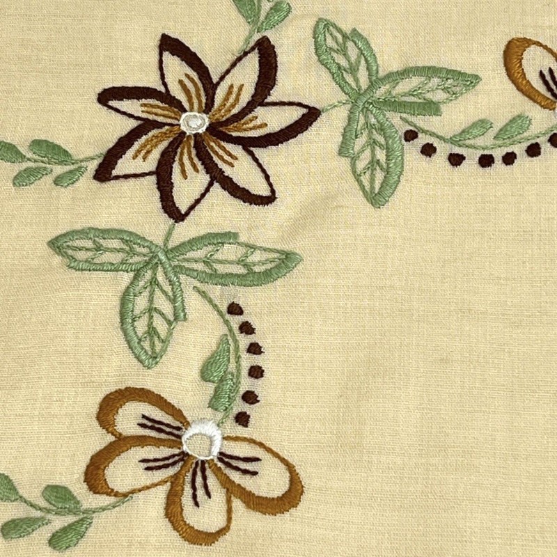 Table Runner Beige Brown Crocheted Edge Green Floral Embroidery Farmhouse 34x13 gallery