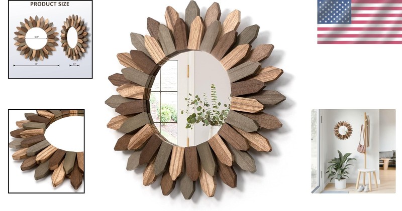 12-Inch Decorative Sunburst Wall Mirror with Vintage Wood Frame – Easy to Hang gallery