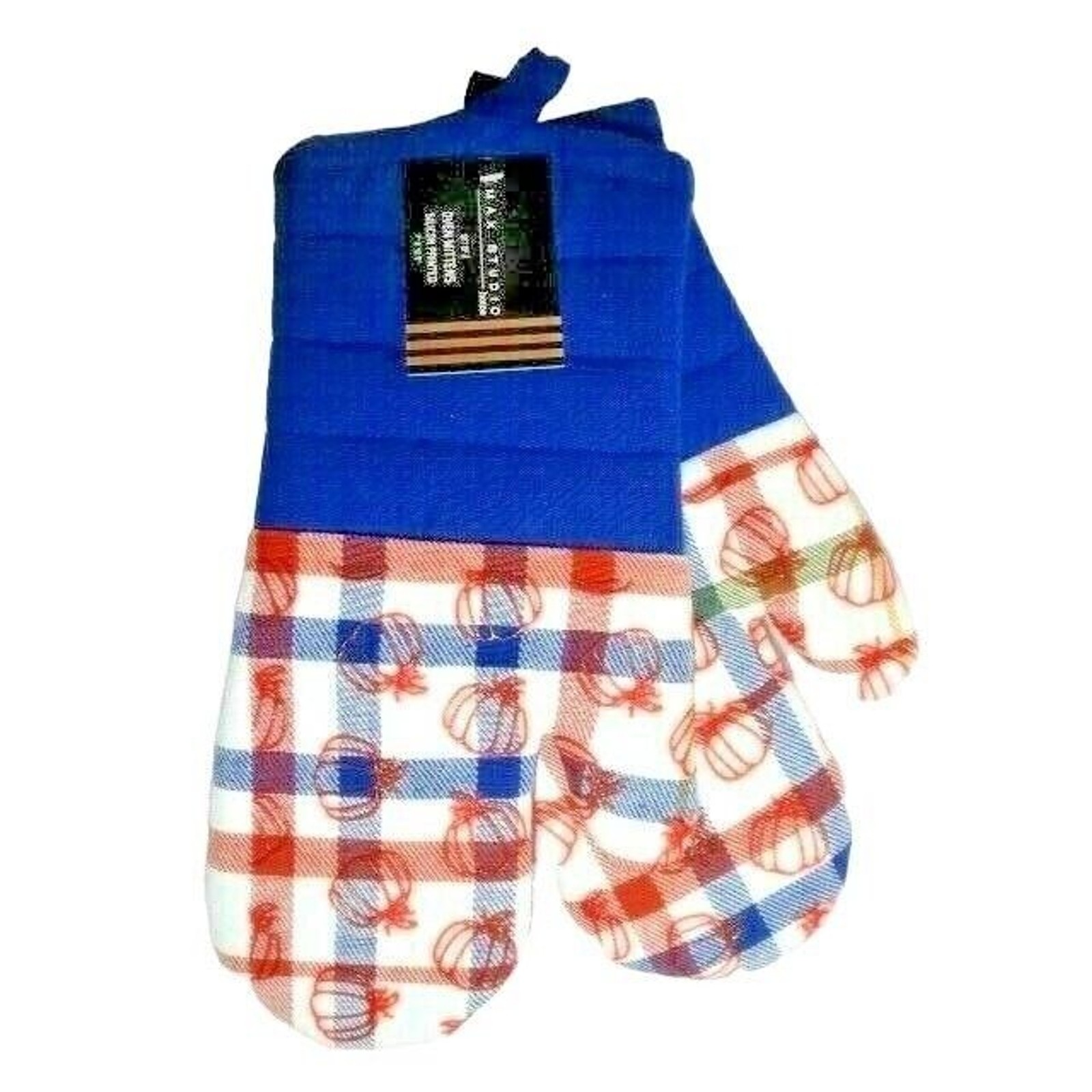 Max Studio Pumpkin Print Oven Mitts 2-pc Cotton Silicone Blue Red Orange White gallery