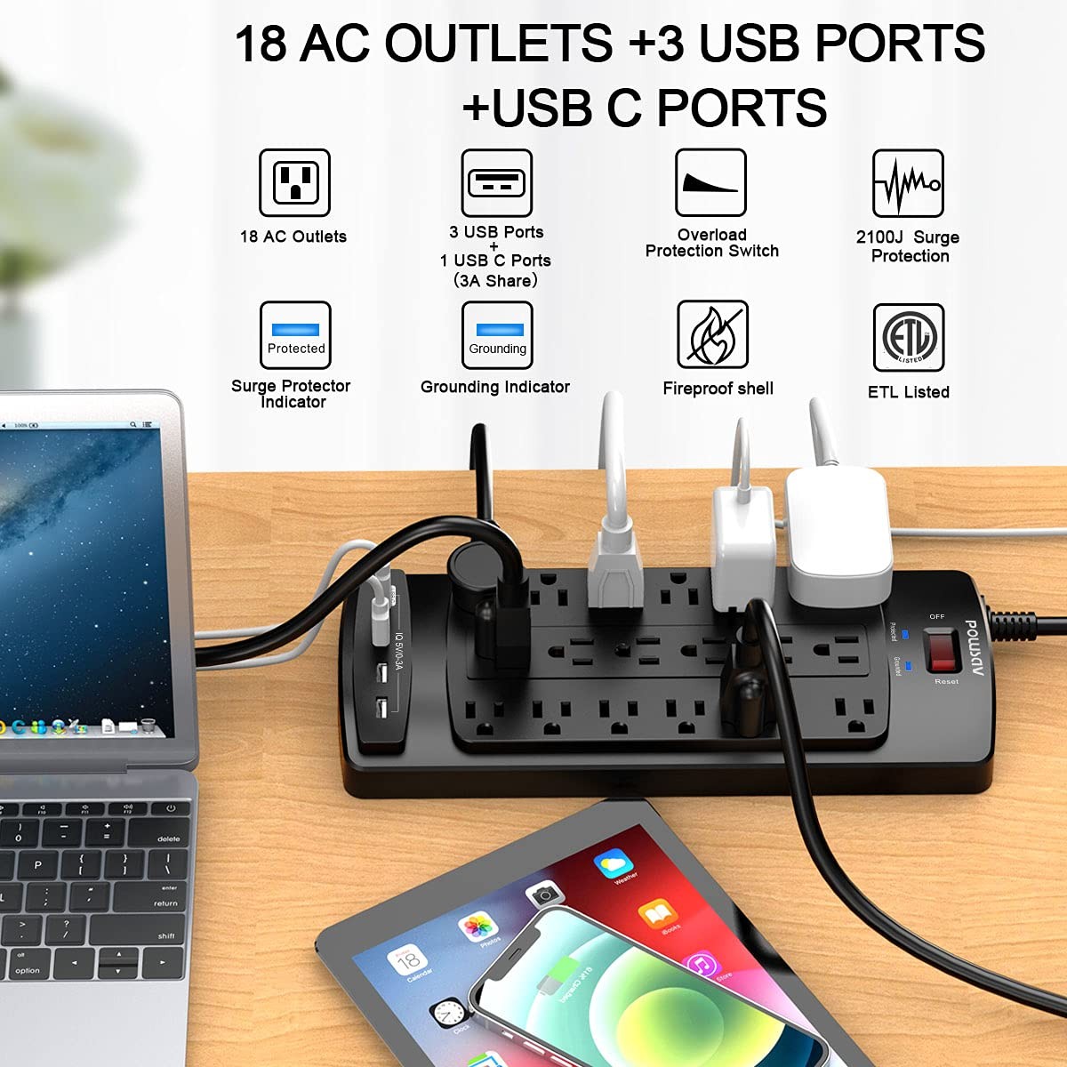 18 Outlets Surge Protector Power Strip 6 Feet Flat Plug Heavy Duty Extension... gallery
