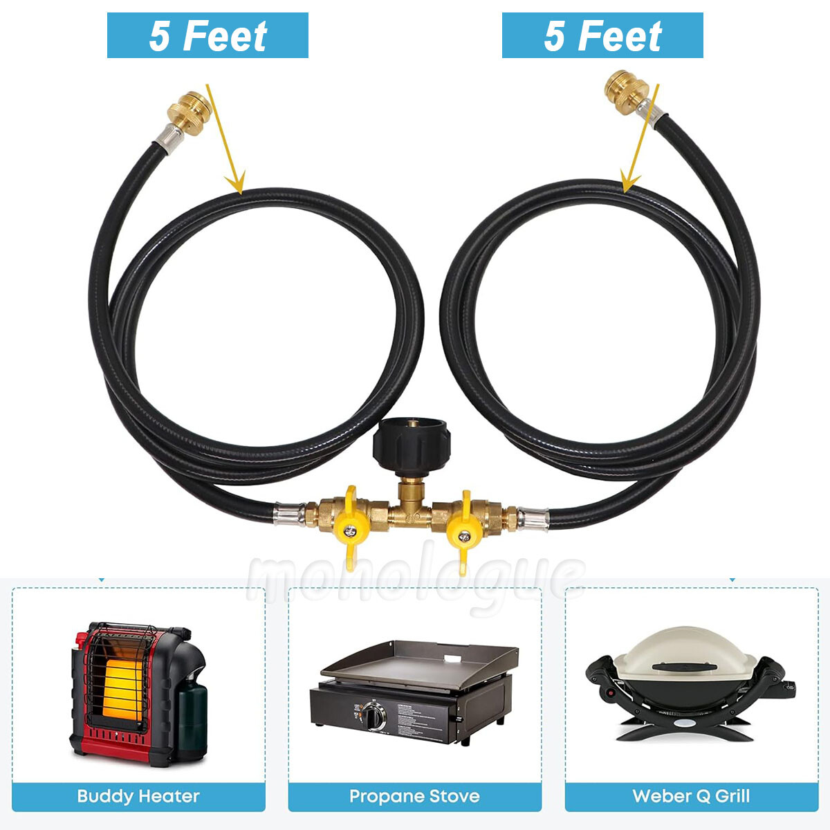 5ft Propane 2 Way Y Splitter Adapter Hose,1 lb-20 lb Converter w/ Shut Off Valve gallery