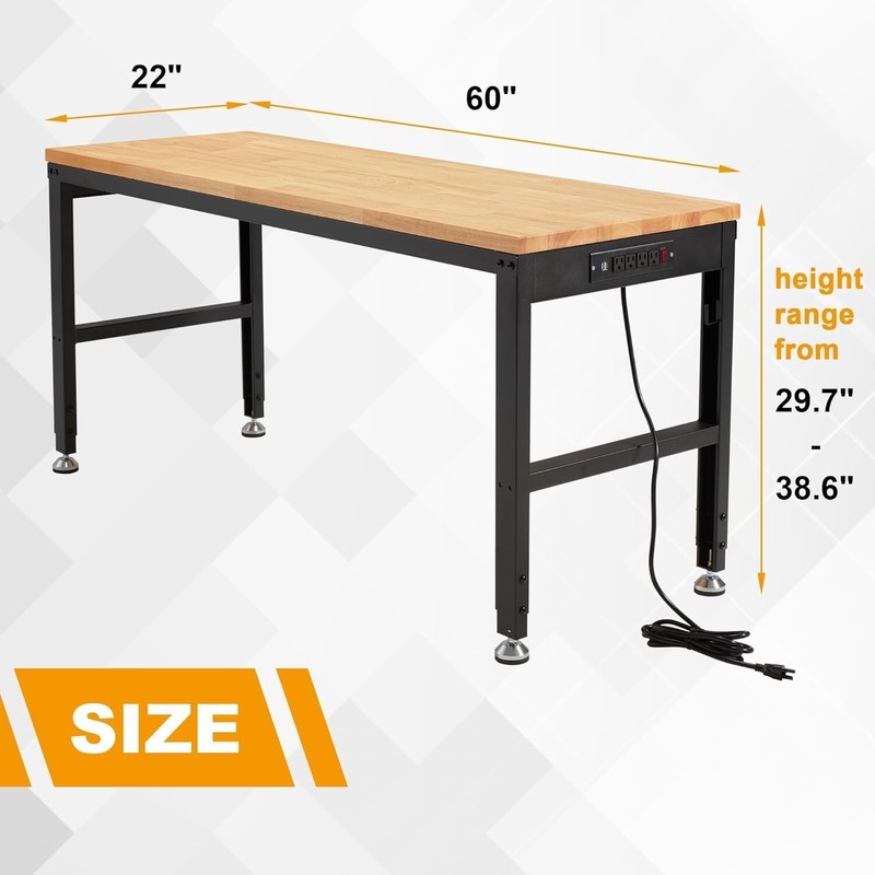 Height Adjustable Workbench 60"x 22" 2000 Lbs Capacity Heavy-Duty Power Outlets gallery