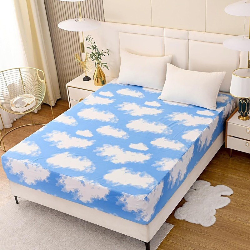 Sky Cloud Print Fitted Sheet Twin Size Deep Pocket Soft Polyester Bedding Cover gallery