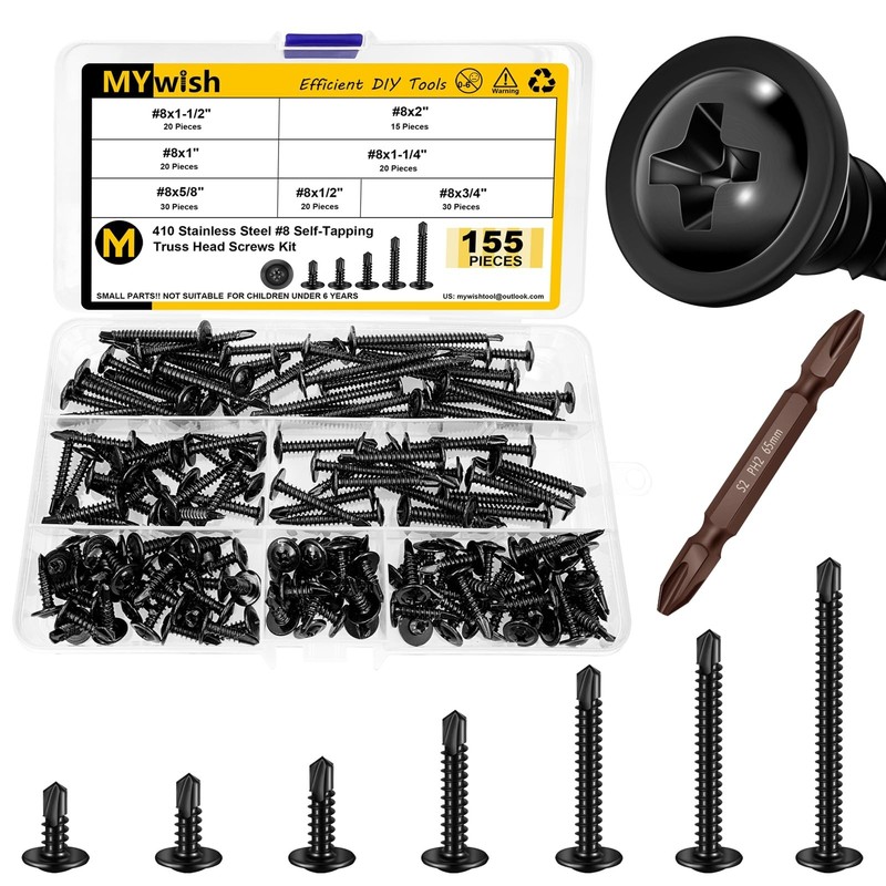 155Pcs Black Self Tapping Screws for Metal #8x1/2, 5/8", 3/4", 1", 1-1/4", 1-... gallery