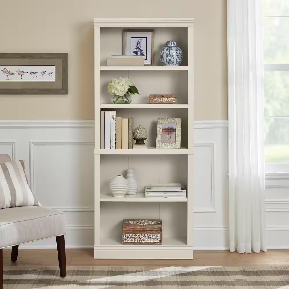 71 In. off White 5-Shelf Classic Bookcase with Adjustable Shelves gallery